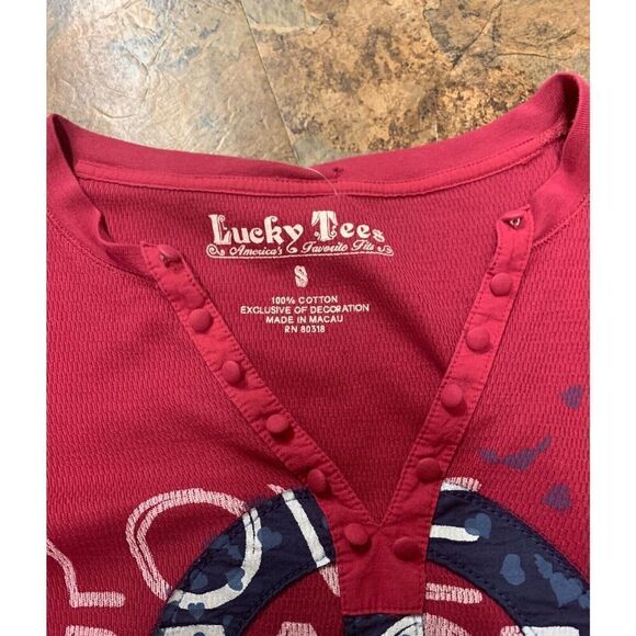 LUCKY BRAND TATTOO peace love PRINT THERMAL WAFFLE WEAVE BOHO SHIRT TOP sz S - Picture 4 of 5